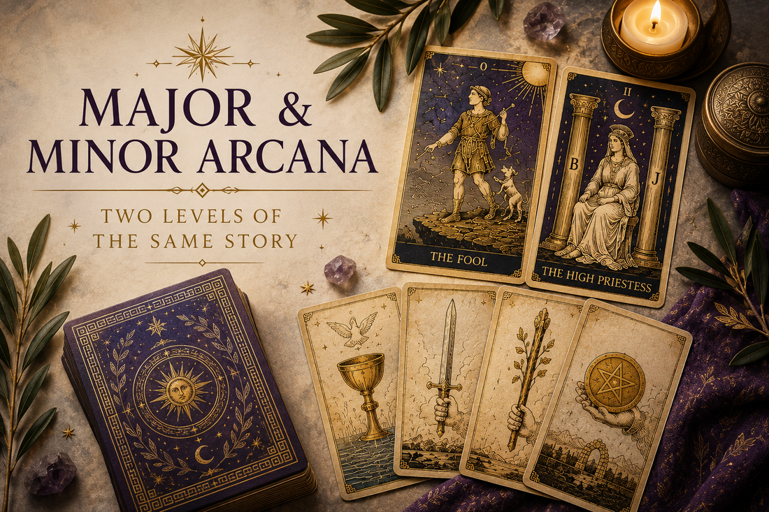 Ancient Greek-inspired tarot cards illustrating the Major and Minor Arcana, arranged with olive branches, candles and mystical symbols in purple and gold tones.