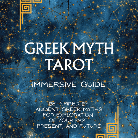 Cover of 'Greek Myth Tarot' by Fera Dynamics with starry night design and gold accents.