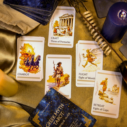 Greek myth tarot cards with candles and a book on a table